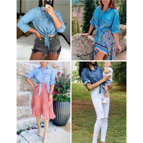 Womens Chambray Tie Front Crop Top Denim Shirt 34 Sleeve Button Down - Picture 4 of 7